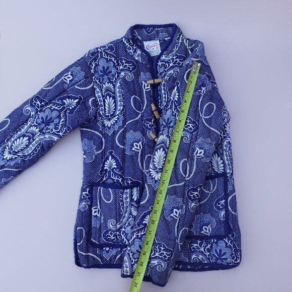 Vtg Chandni Boho Floral Quilted Jacket Women’s M Blue White Frog Button Indie - Picture 11 of 11